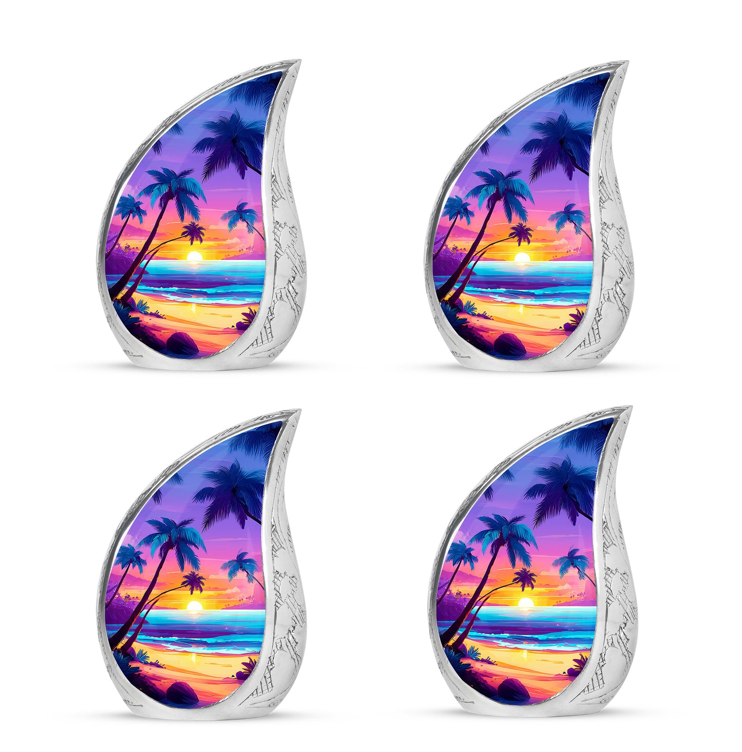 Twilight Purple Beach Cremation Urn close-up of engraving and surface detail - smooth teardrop contour featuring beach art - 10 inch aluminum urn for cremated remains