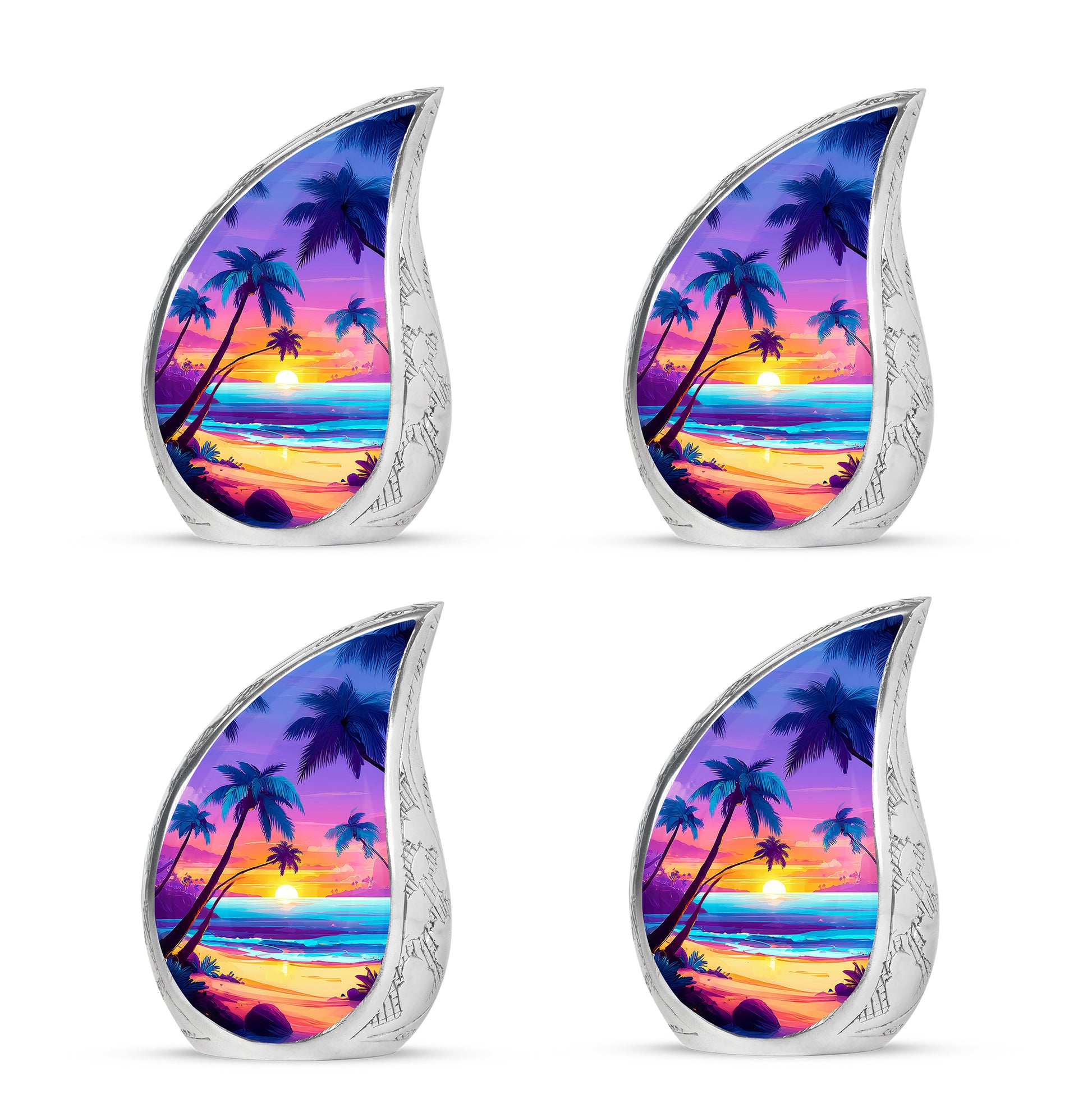 Twilight Purple Beach Cremation Urn close-up of engraving and surface detail - smooth teardrop contour featuring beach art - 10 inch aluminum urn for cremated remains