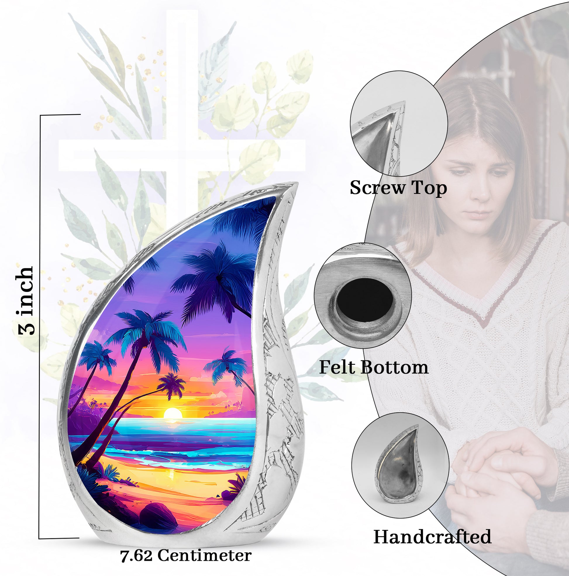 Orchid Purple Beach Cremation Urn angled view of lid and engraved motif - flowing teardrop beach silhouette on curved aluminum - mini keepsake memorial for portion of cremation ashes