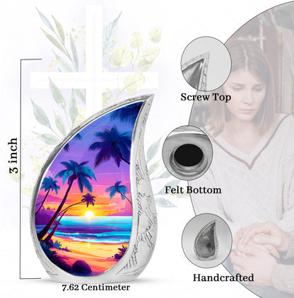 Orchid Purple Beach Cremation Urn angled view of lid and engraved motif - flowing teardrop beach silhouette on curved aluminum - mini keepsake memorial for portion of cremation ashes