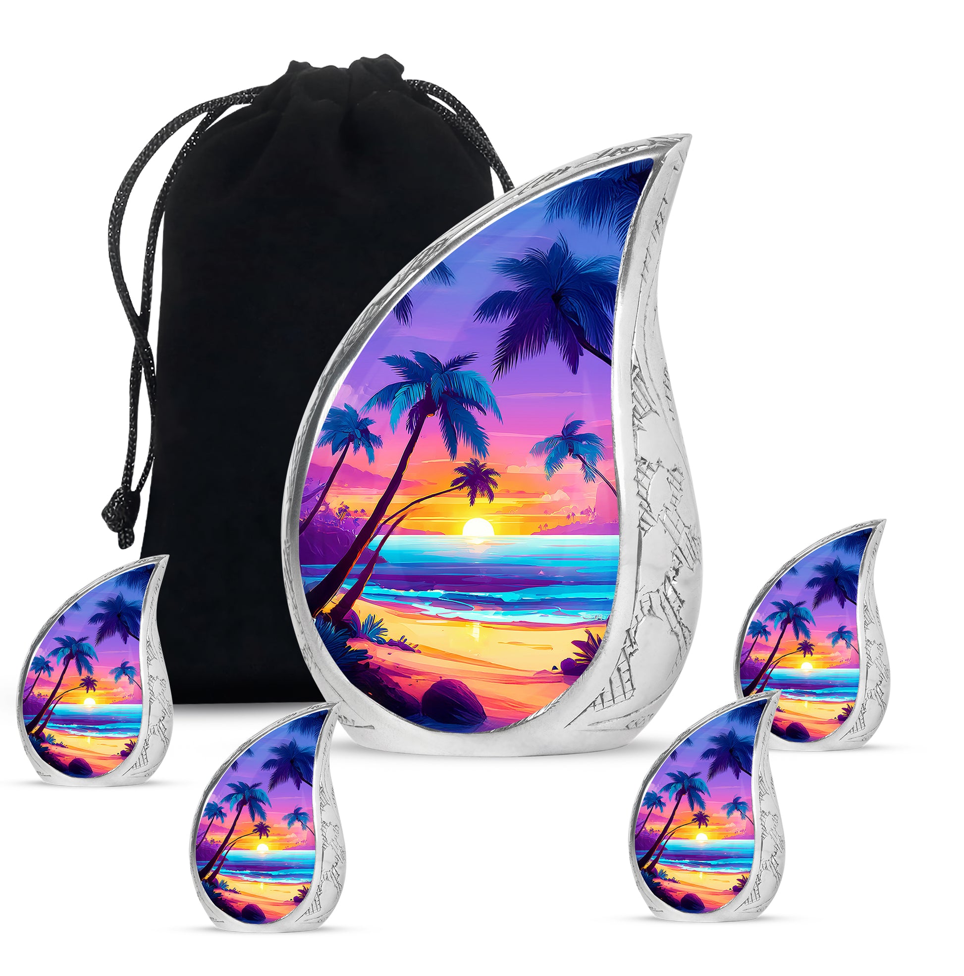 Royal Purple Beach Cremation Urn side profile showing urn shape - graceful tear-shaped urn with beach motif - memorial set with one large and four small urns