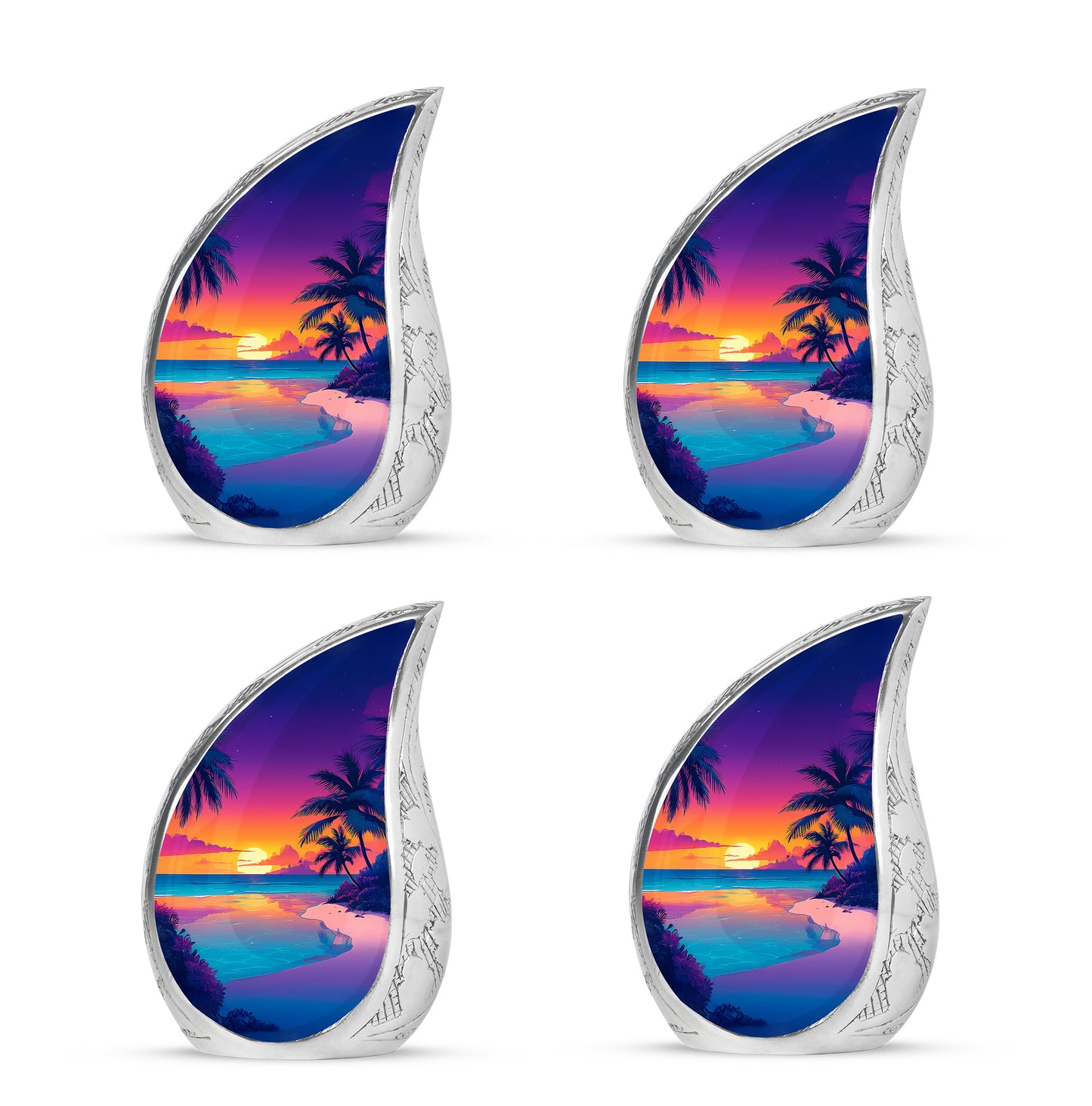 Orchid Purple Beach Cremation Urn close-up of engraving and surface detail - rounded teardrop beach design with delicate detail - 10 inch aluminum urn for cremated remains