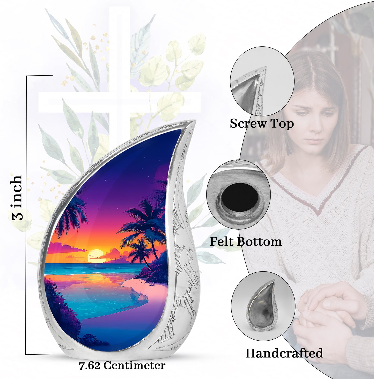 Lavender Purple Beach Cremation Urn angled view of lid and engraved motif - graceful tear-shaped urn with beach motif - mini keepsake memorial for portion of cremation ashes