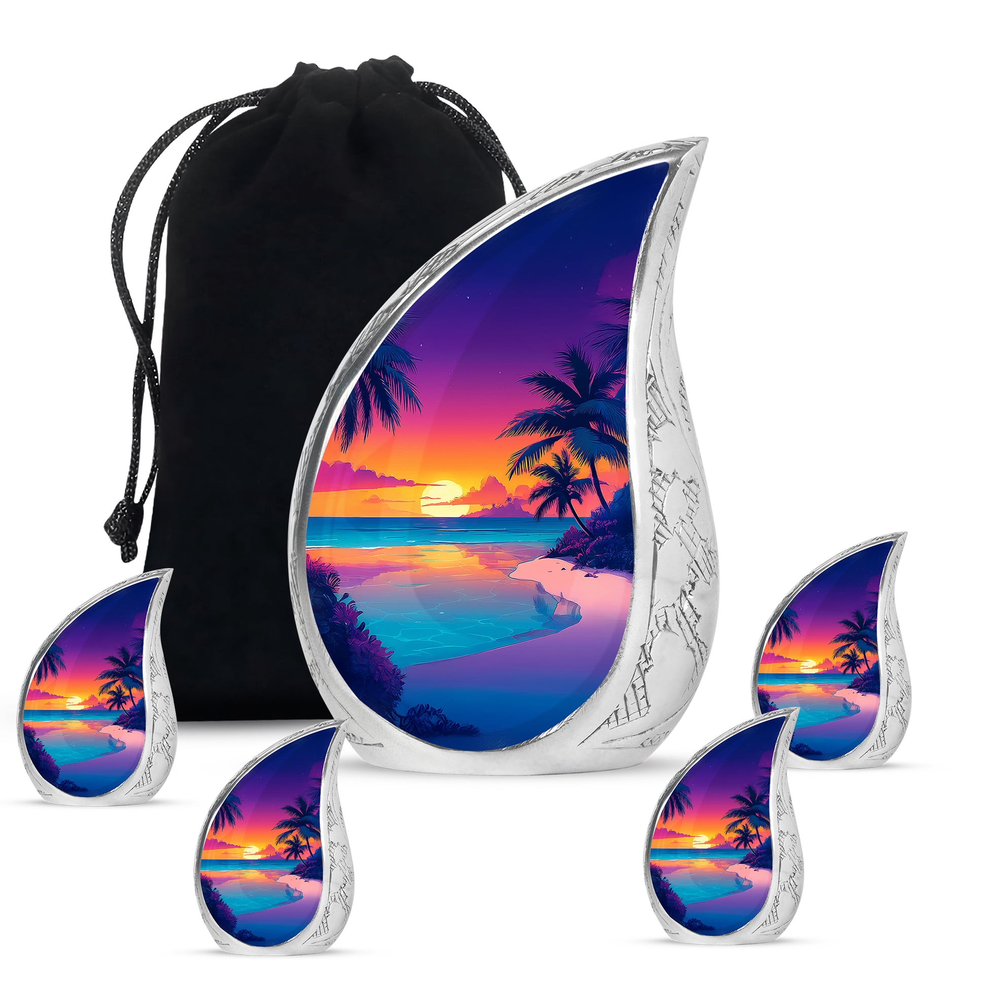 Majestic Purple Beach Cremation Urn side profile showing urn shape - flowing teardrop beach silhouette on curved aluminum - memorial set with one large and four small urns