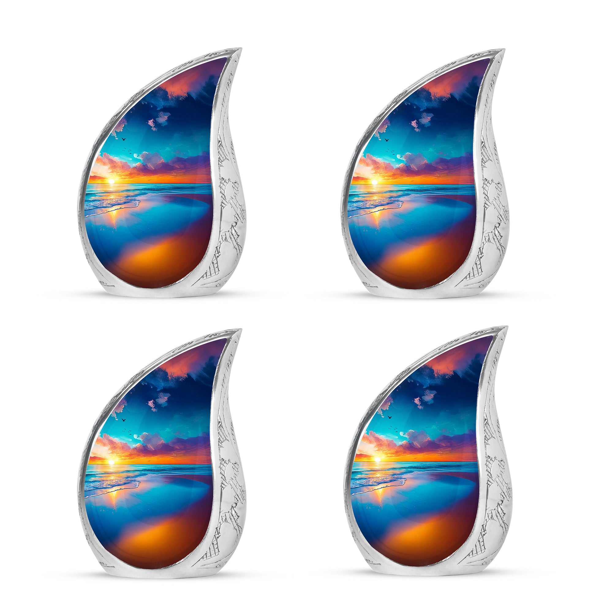 Vivid Blue Beach Cremation Urn close-up of engraving and surface detail - smooth teardrop contour featuring beach art - 10 inch aluminum urn for cremated remains