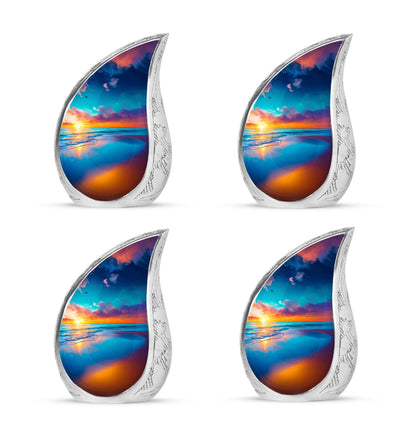 Vivid Blue Beach Cremation Urn close-up of engraving and surface detail - smooth teardrop contour featuring beach art - 10 inch aluminum urn for cremated remains