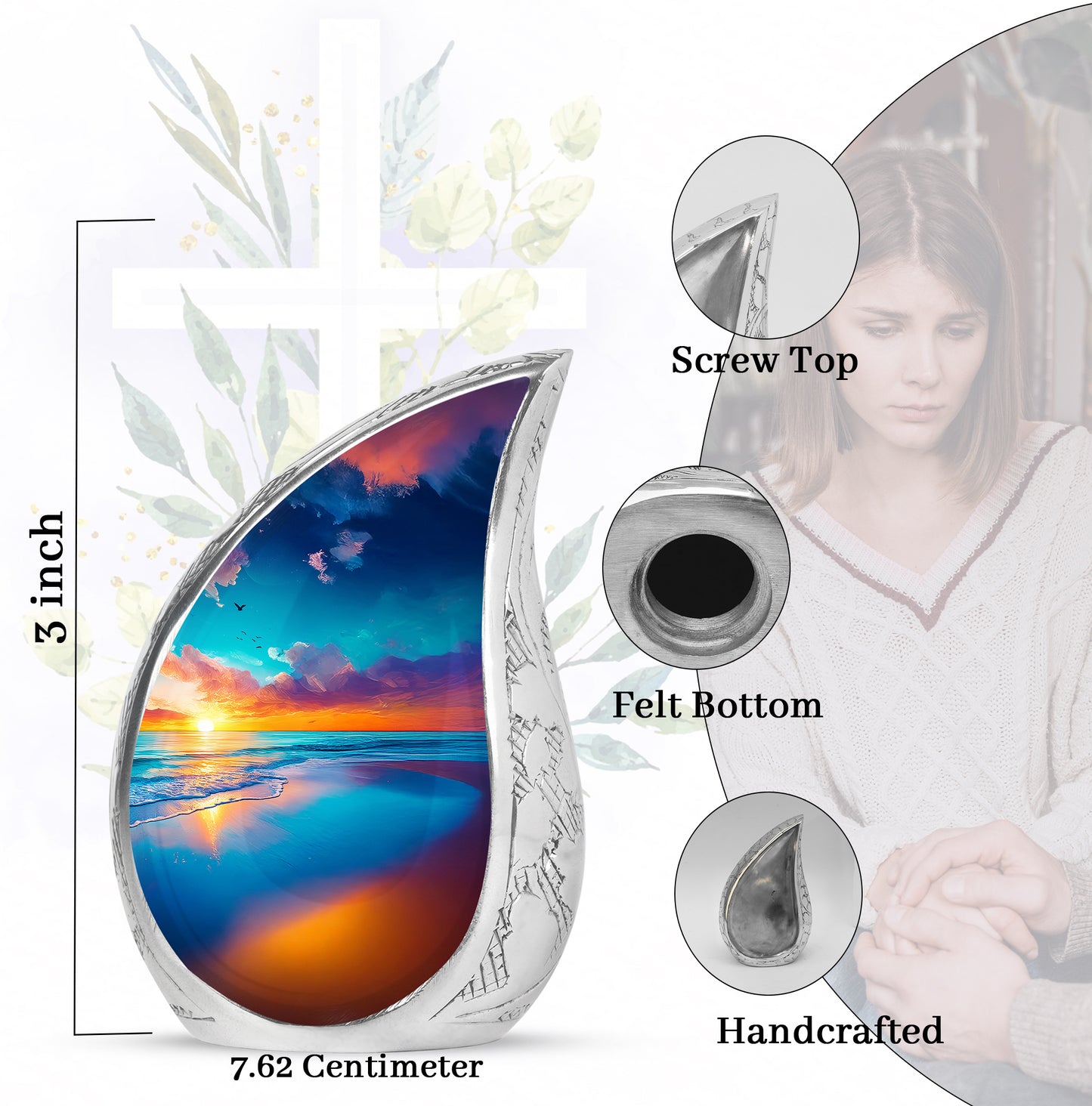 Icy Blue Beach Cremation Urn angled view of lid and engraved motif - rounded teardrop beach design with delicate detail - mini keepsake memorial for portion of cremation ashes