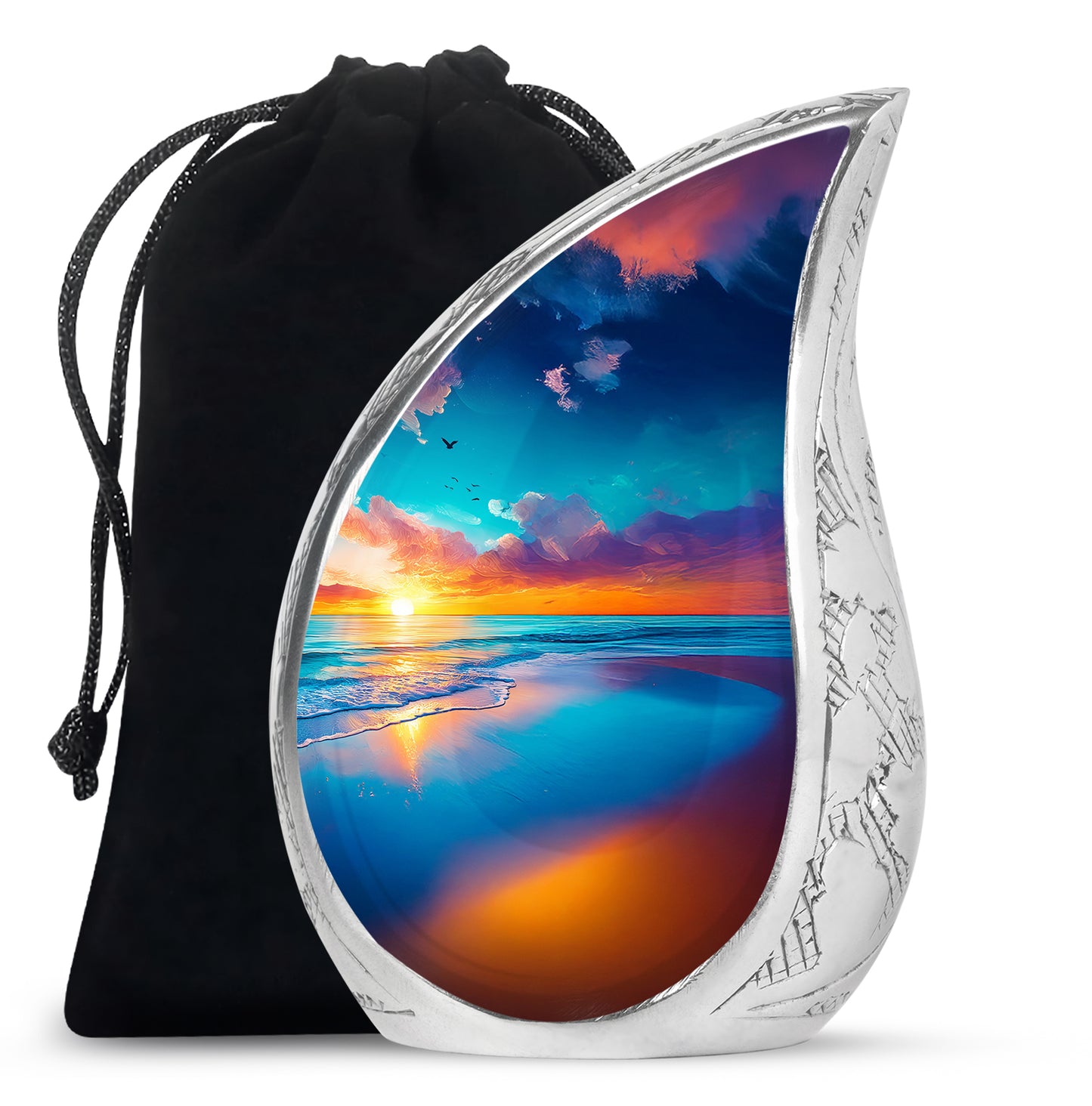 Sky Blue Beach Cremation Urn front view showing detailed design - rounded teardrop beach design with delicate detail - full-size 10 inch 200 cubic inch adult cremation urn
