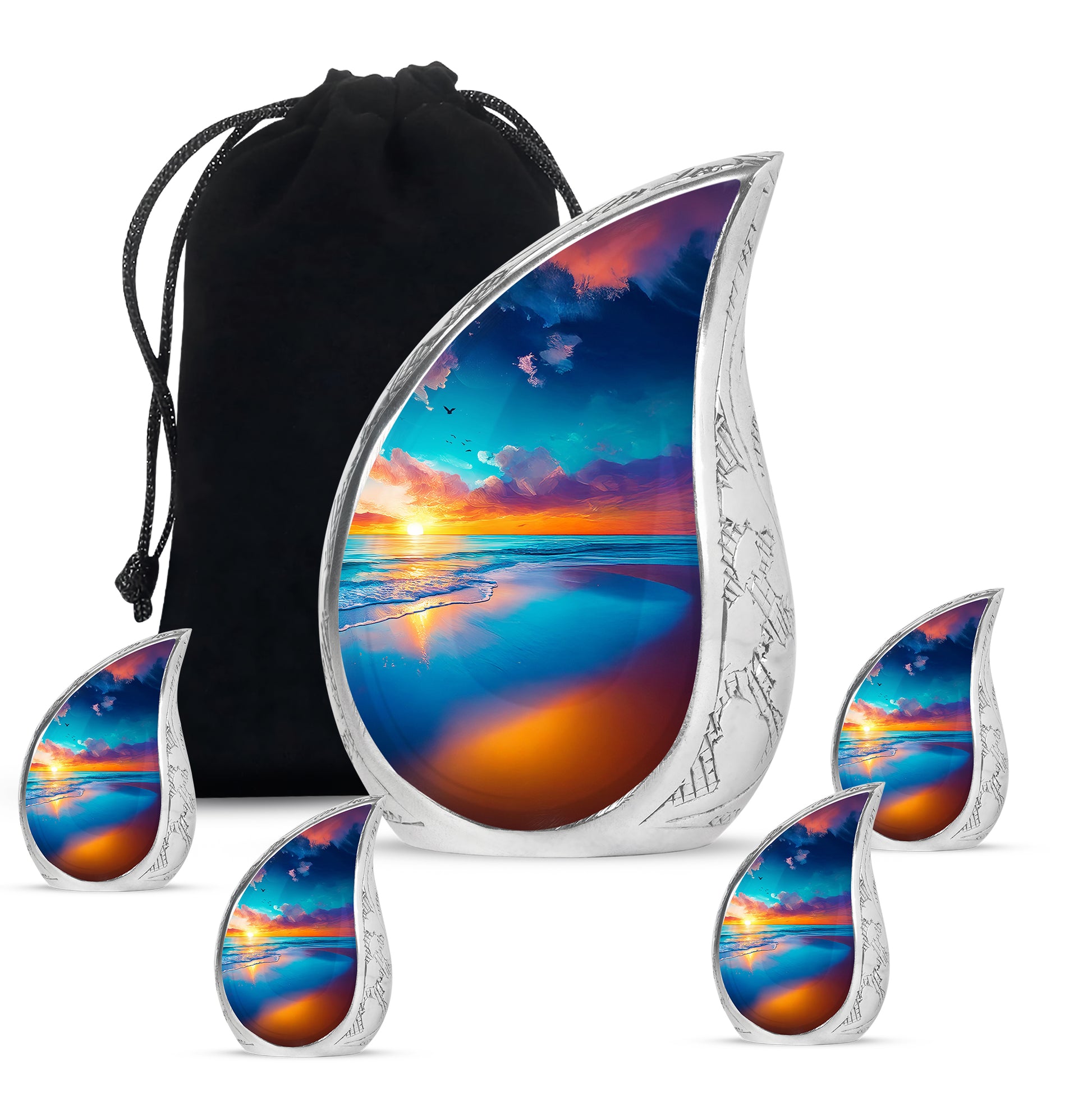 Indigo Beach Cremation Urn side profile showing urn shape - flowing teardrop beach silhouette on curved aluminum - memorial set with one large and four small urns