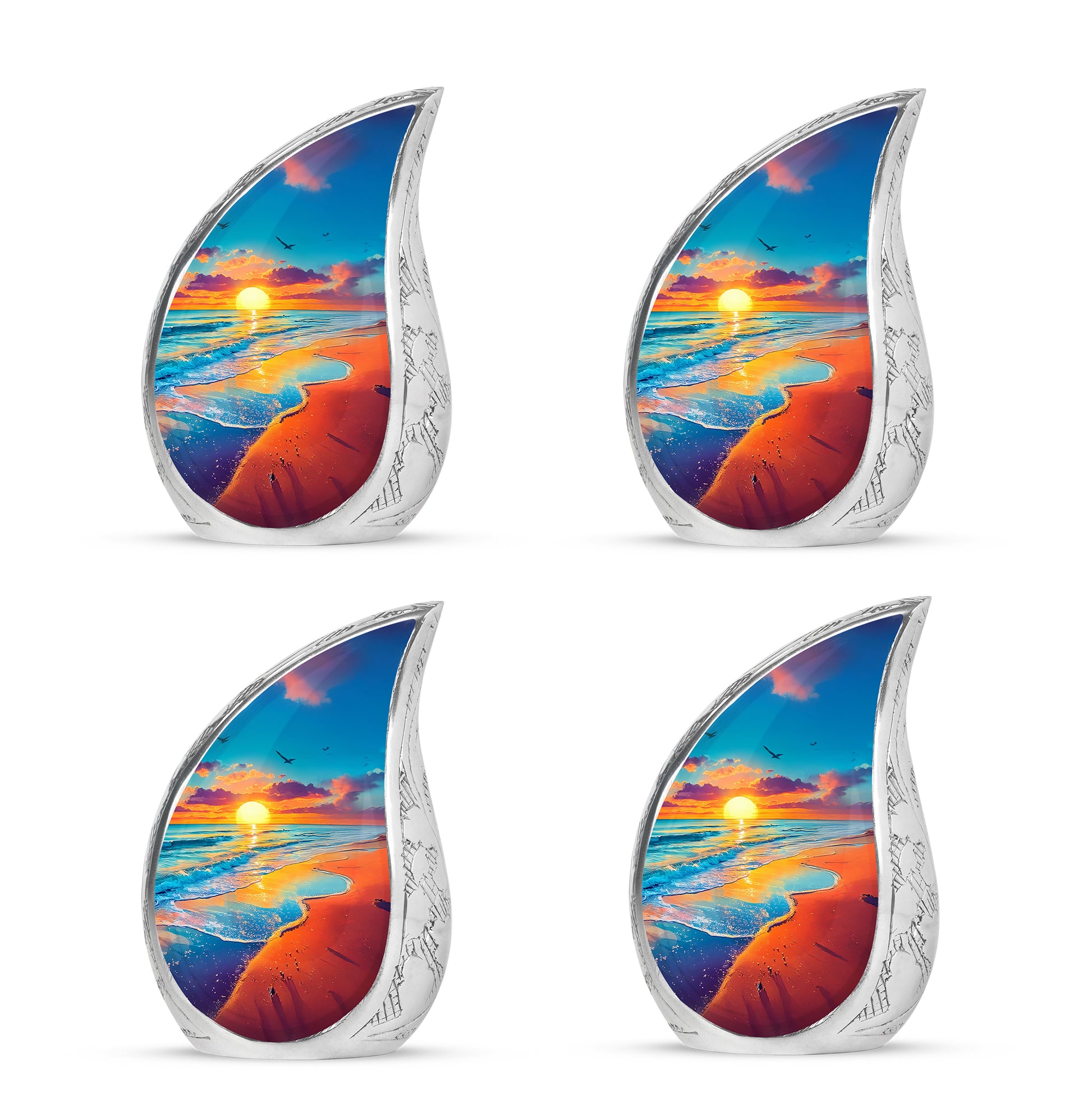 Aqua Teal Beach Cremation Urn close-up of engraving and surface detail - smooth teardrop contour featuring beach art - 10 inch aluminum urn for cremated remains