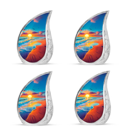 Aqua Teal Beach Cremation Urn close-up of engraving and surface detail - smooth teardrop contour featuring beach art - 10 inch aluminum urn for cremated remains