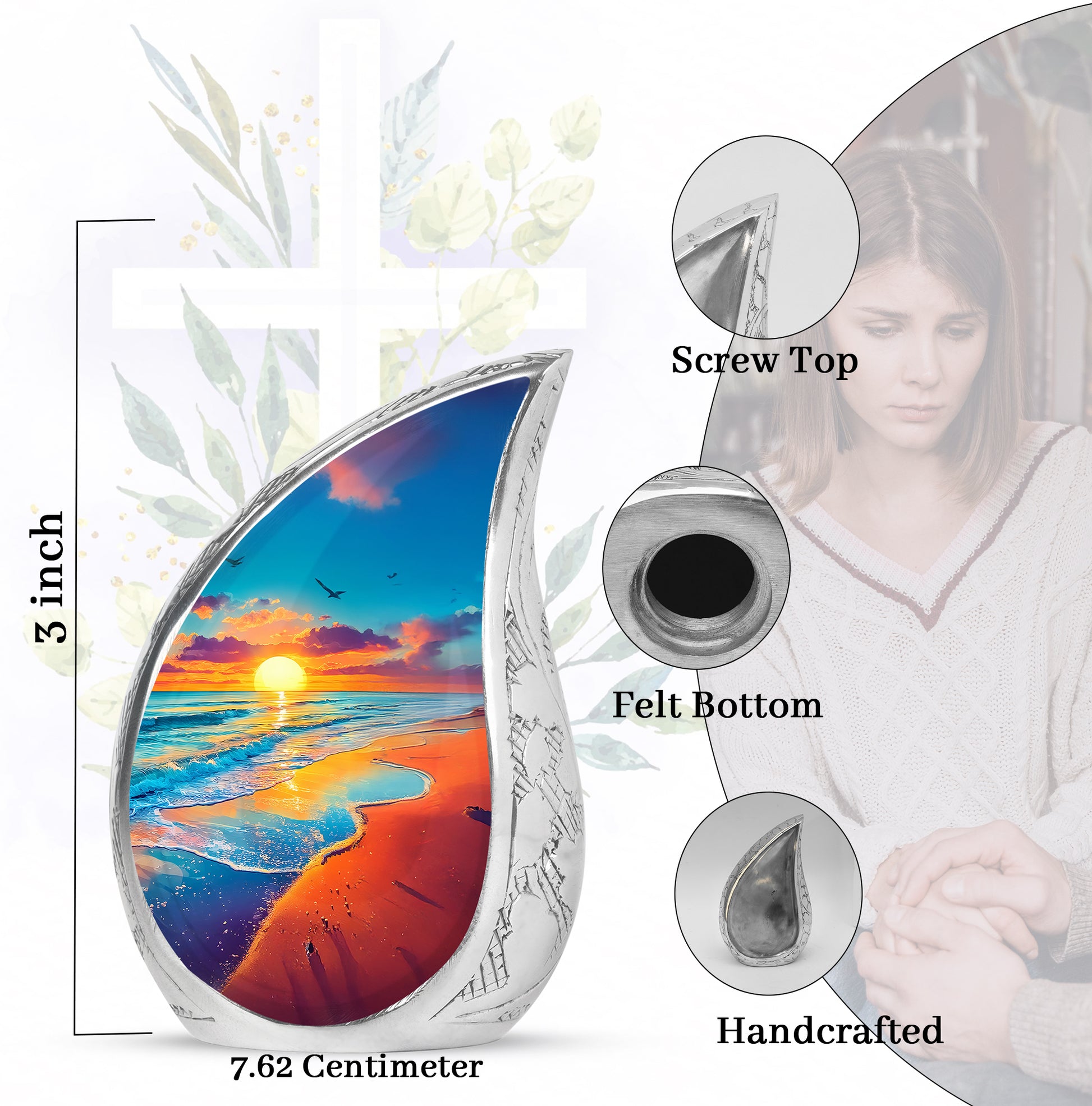 Aqua Teal Beach Cremation Urn angled view of lid and engraved motif - graceful tear-shaped urn with beach motif - mini keepsake memorial for portion of cremation ashes