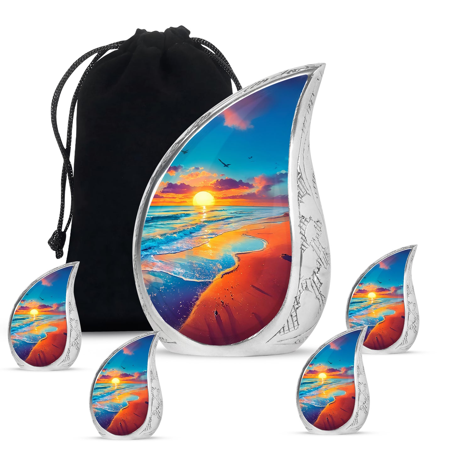 Aqua Teal Beach Cremation Urn side profile showing urn shape - smooth teardrop contour featuring beach art - memorial set with one large and four small urns