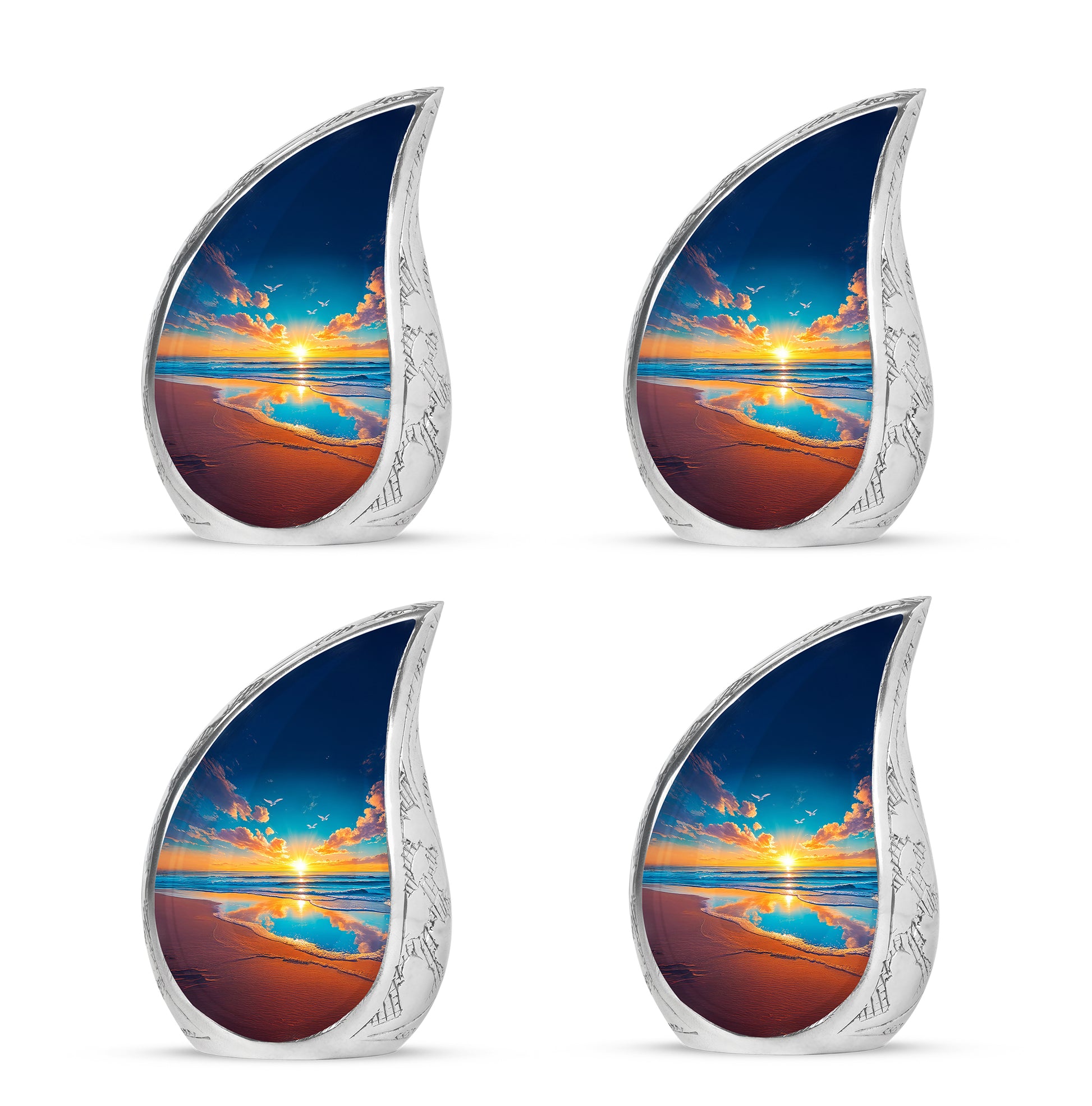 Sapphire Blue Beach Cremation Urn close-up of engraving and surface detail - smooth teardrop contour featuring beach art - 10 inch aluminum urn for cremated remains