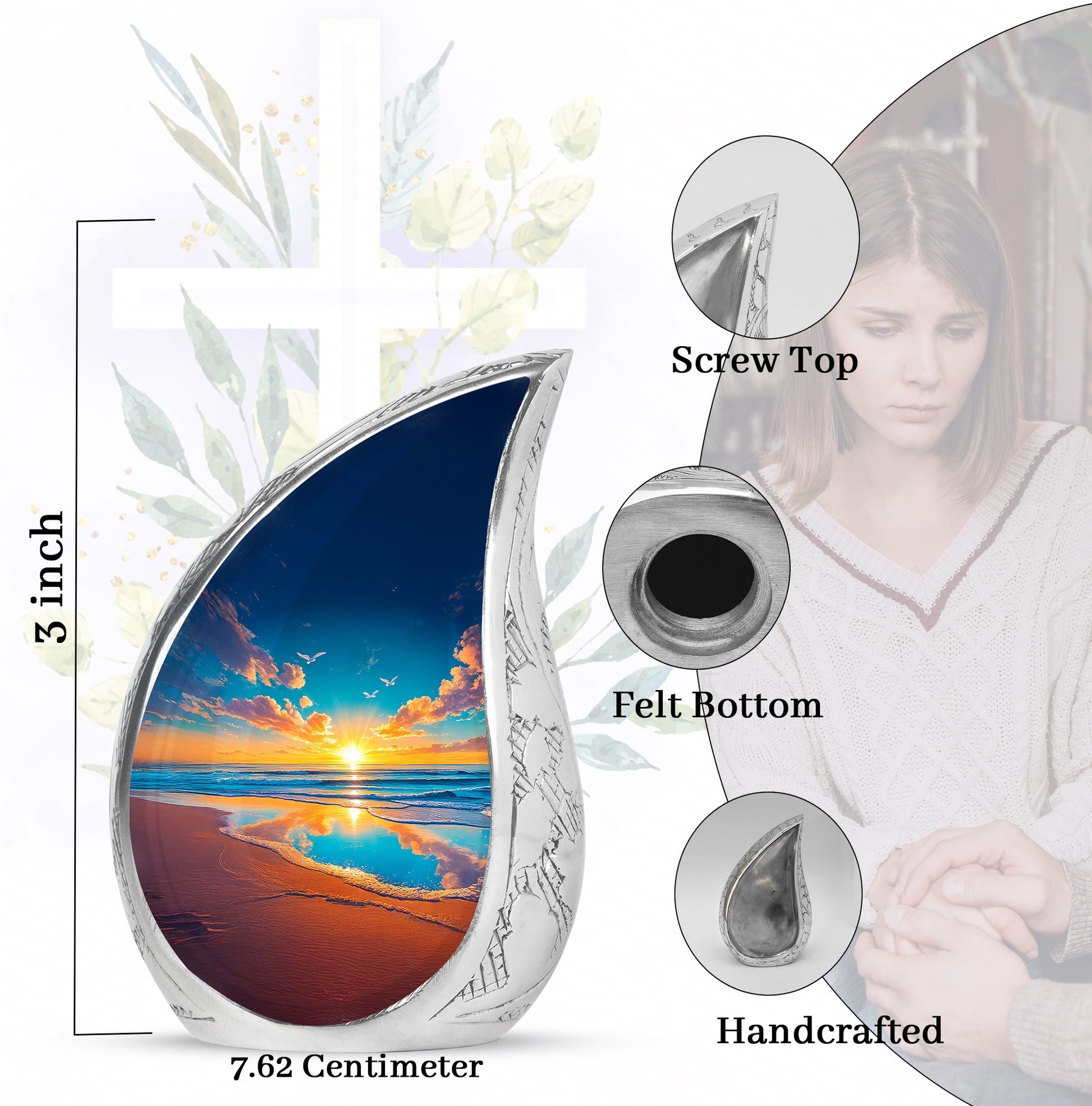 Misty Blue Beach Cremation Urn angled view of lid and engraved motif - rounded teardrop beach design with delicate detail - mini keepsake memorial for portion of cremation ashes
