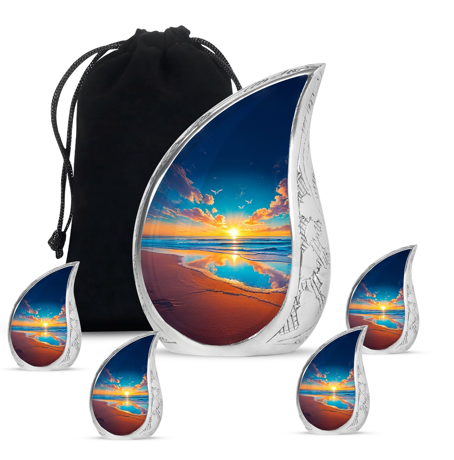 Bright Blue Beach Cremation Urn side profile showing urn shape - graceful tear-shaped urn with beach motif - memorial set with one large and four small urns