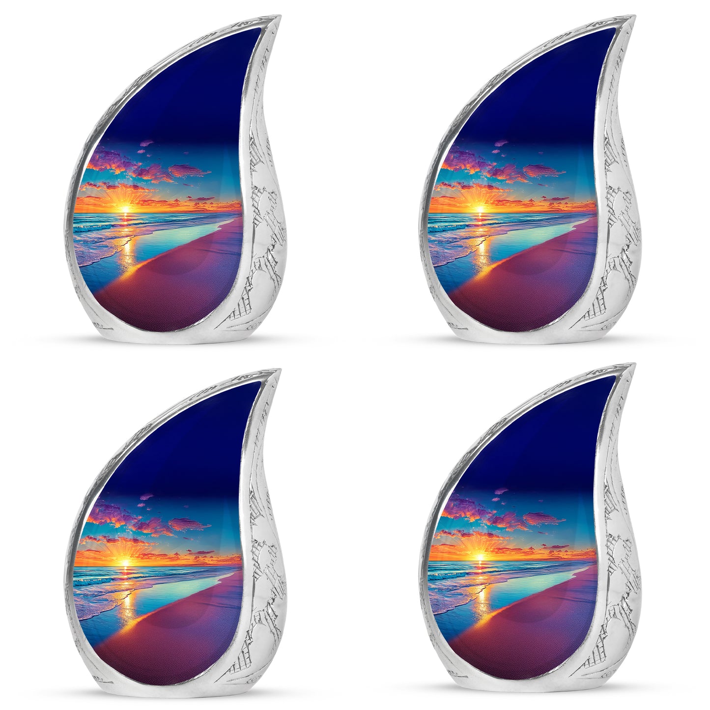 Dusty Blue Beach Cremation Urn close-up of engraving and surface detail - flowing teardrop beach silhouette on curved aluminum - 10 inch aluminum urn for cremated remains