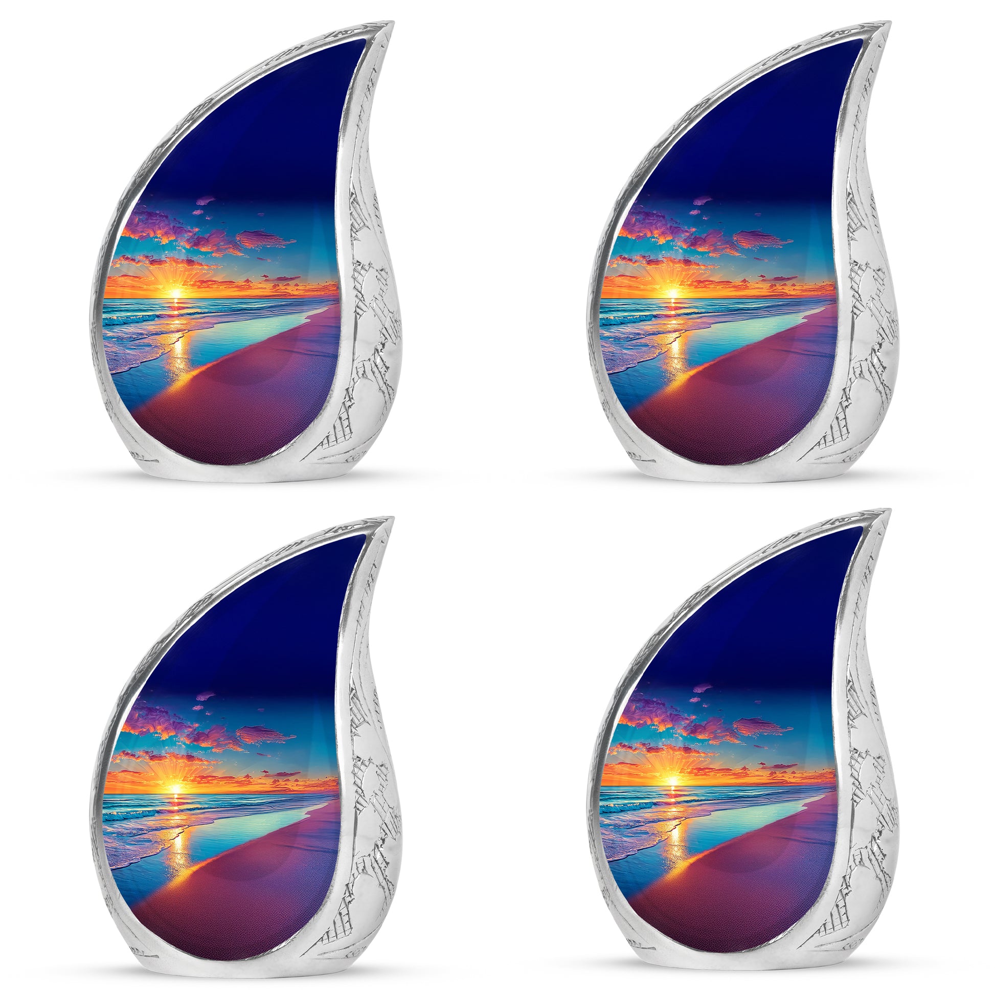 Dusty Blue Beach Cremation Urn close-up of engraving and surface detail - flowing teardrop beach silhouette on curved aluminum - 10 inch aluminum urn for cremated remains