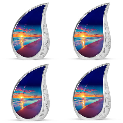 Dusty Blue Beach Cremation Urn close-up of engraving and surface detail - flowing teardrop beach silhouette on curved aluminum - 10 inch aluminum urn for cremated remains