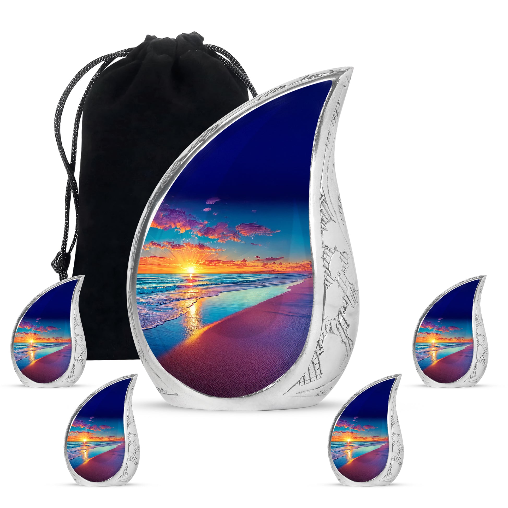 Slate Blue Beach Cremation Urn side profile showing urn shape - flowing teardrop beach silhouette on curved aluminum - memorial set with one large and four small urns