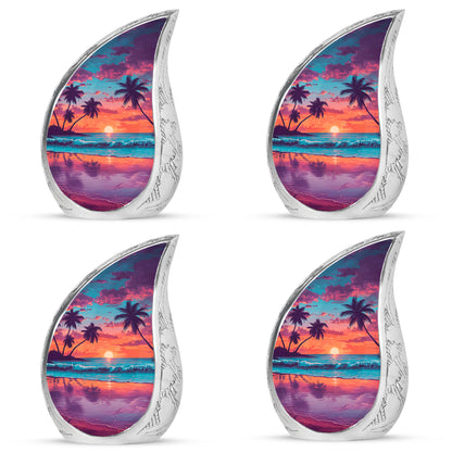 Vivid Blue Beach Cremation Urn close-up of engraving and surface detail - smooth teardrop contour featuring beach art - 10 inch aluminum urn for cremated remains