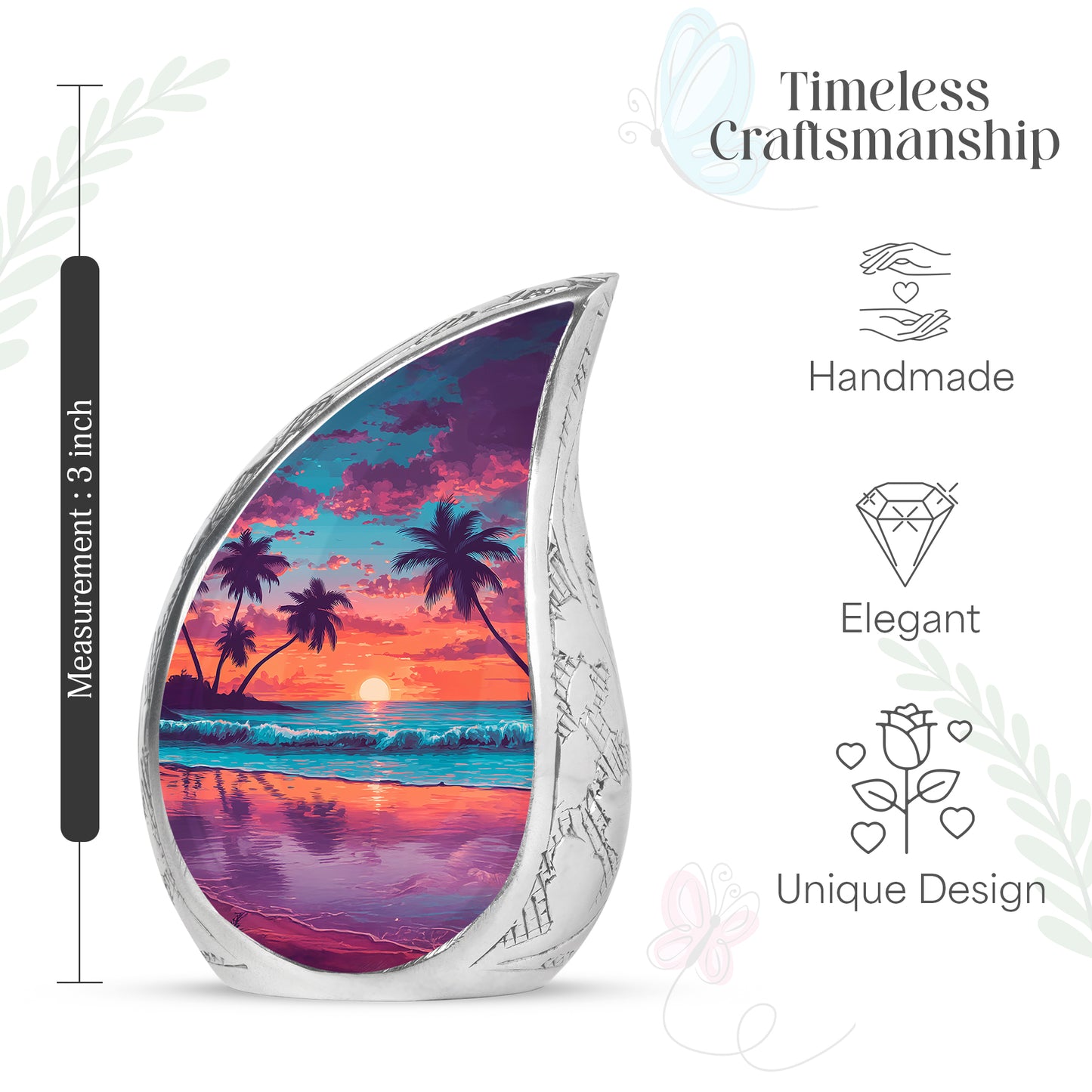 Sky Blue Beach Cremation Urn angled view of lid and engraved motif - flowing teardrop beach silhouette on curved aluminum - mini keepsake memorial for portion of cremation ashes