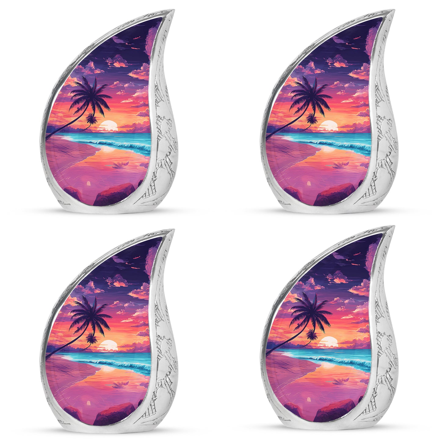 Indigo Beach Cremation Urn close-up of engraving and surface detail - flowing teardrop beach silhouette on curved aluminum - 10 inch aluminum urn for cremated remains