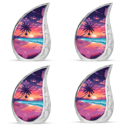 Indigo Beach Cremation Urn close-up of engraving and surface detail - flowing teardrop beach silhouette on curved aluminum - 10 inch aluminum urn for cremated remains