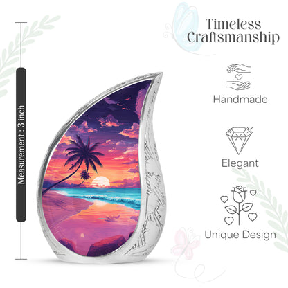 Serene Blue Beach Cremation Urn angled view of lid and engraved motif - smooth teardrop contour featuring beach art - mini keepsake memorial for portion of cremation ashes