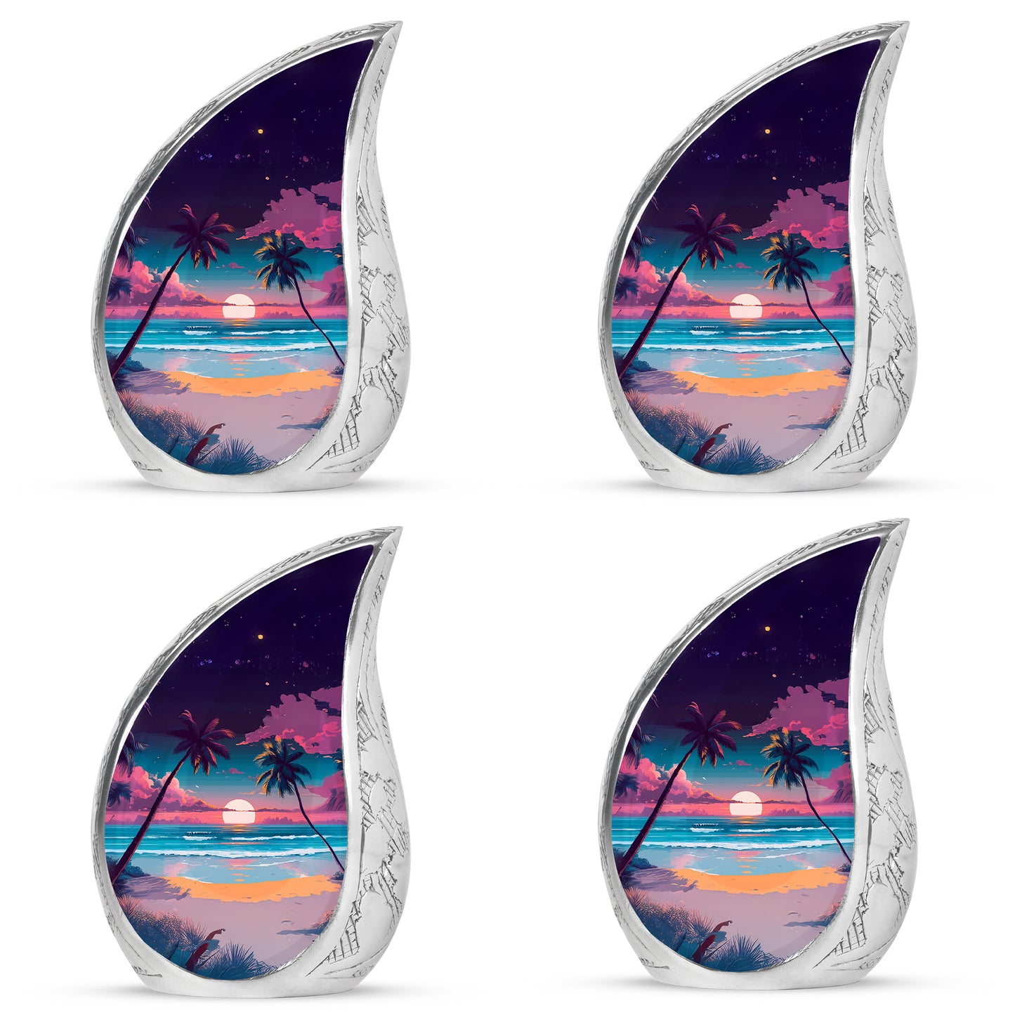 Twilight Purple Beach Cremation Urn close-up of engraving and surface detail - smooth teardrop contour featuring beach art - 10 inch aluminum urn for cremated remains