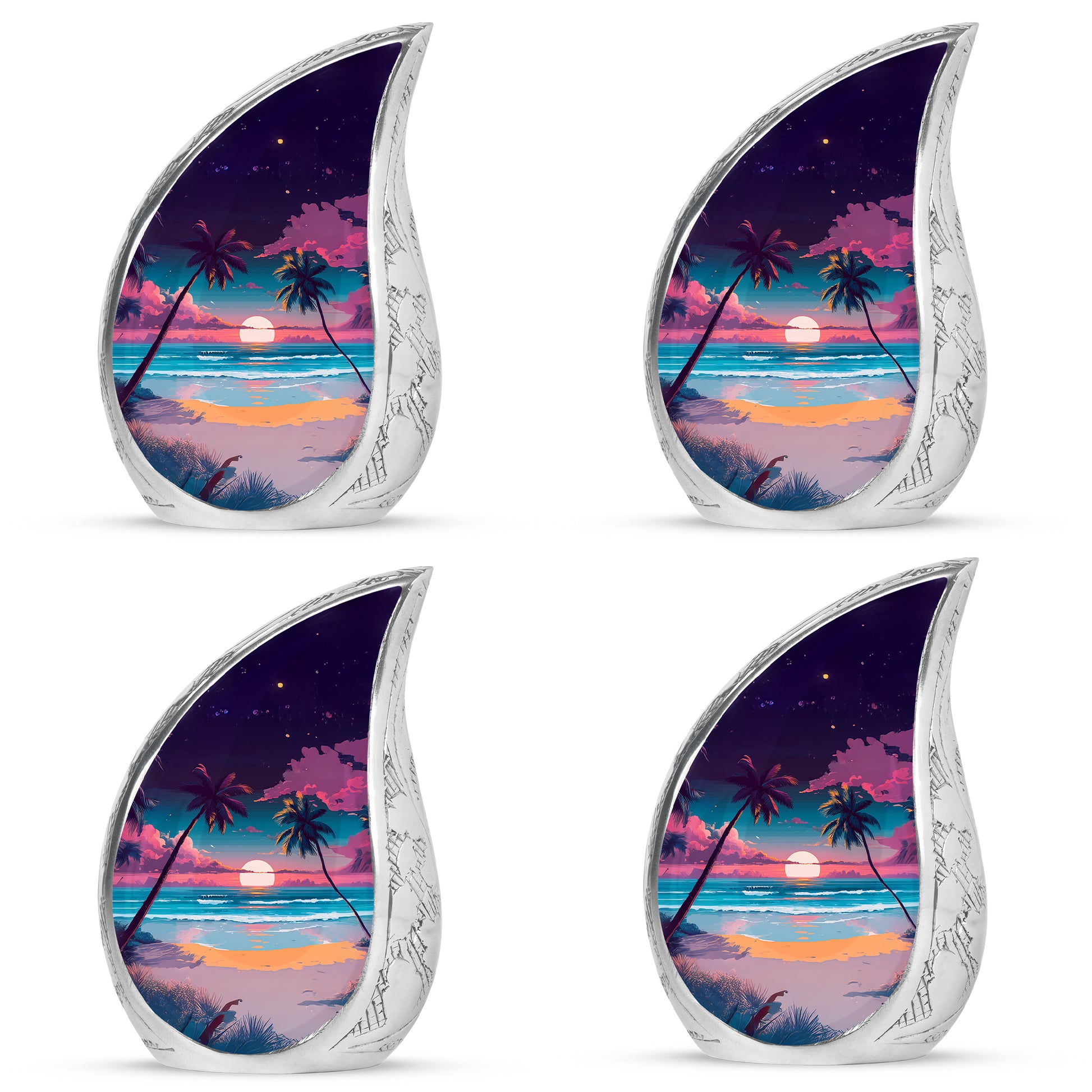 Twilight Purple Beach Cremation Urn close-up of engraving and surface detail - smooth teardrop contour featuring beach art - 10 inch aluminum urn for cremated remains