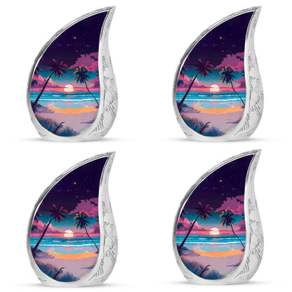 Twilight Purple Beach Cremation Urn close-up of engraving and surface detail - smooth teardrop contour featuring beach art - 10 inch aluminum urn for cremated remains