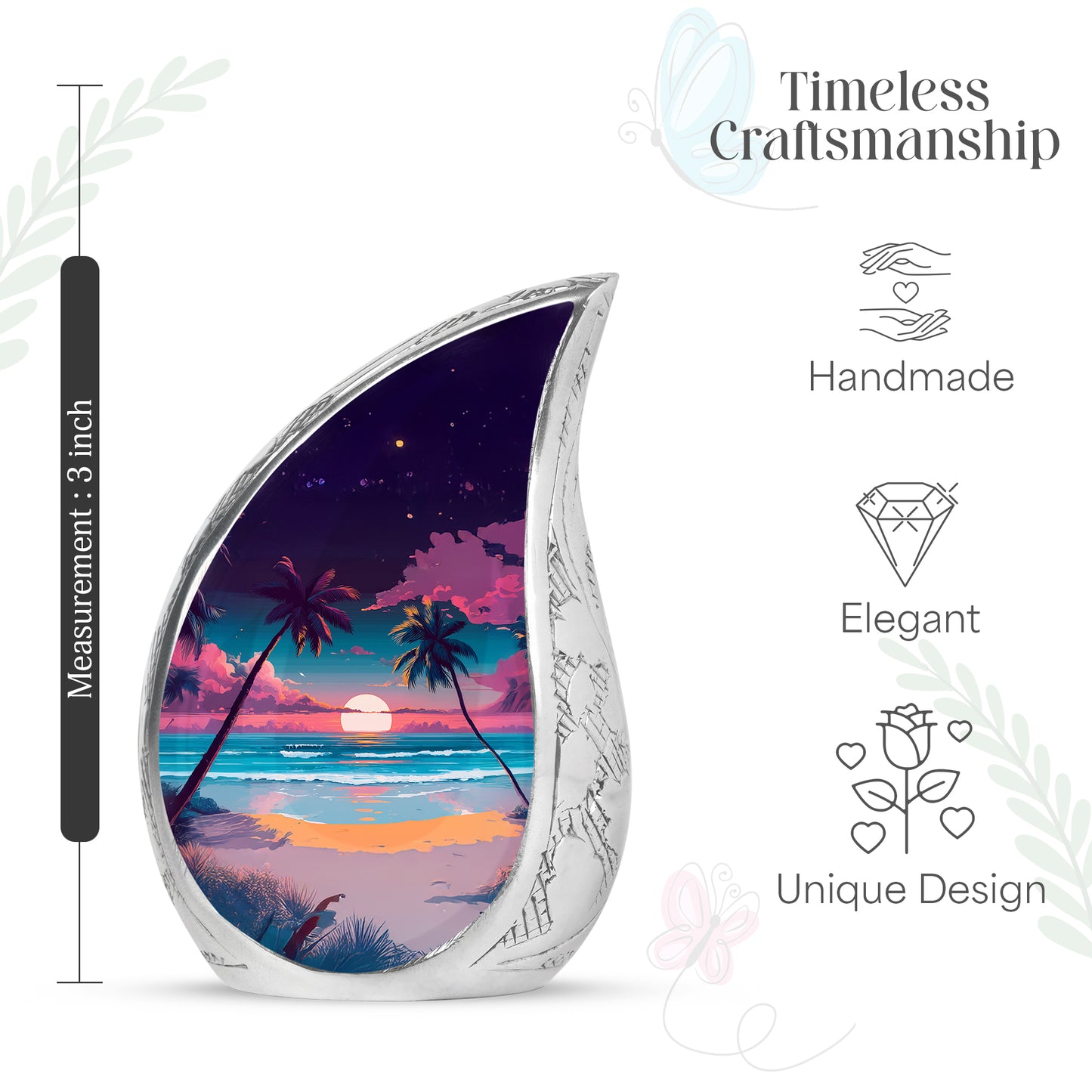 Royal Purple Beach Cremation Urn angled view of lid and engraved motif - graceful tear-shaped urn with beach motif - mini keepsake memorial for portion of cremation ashes
