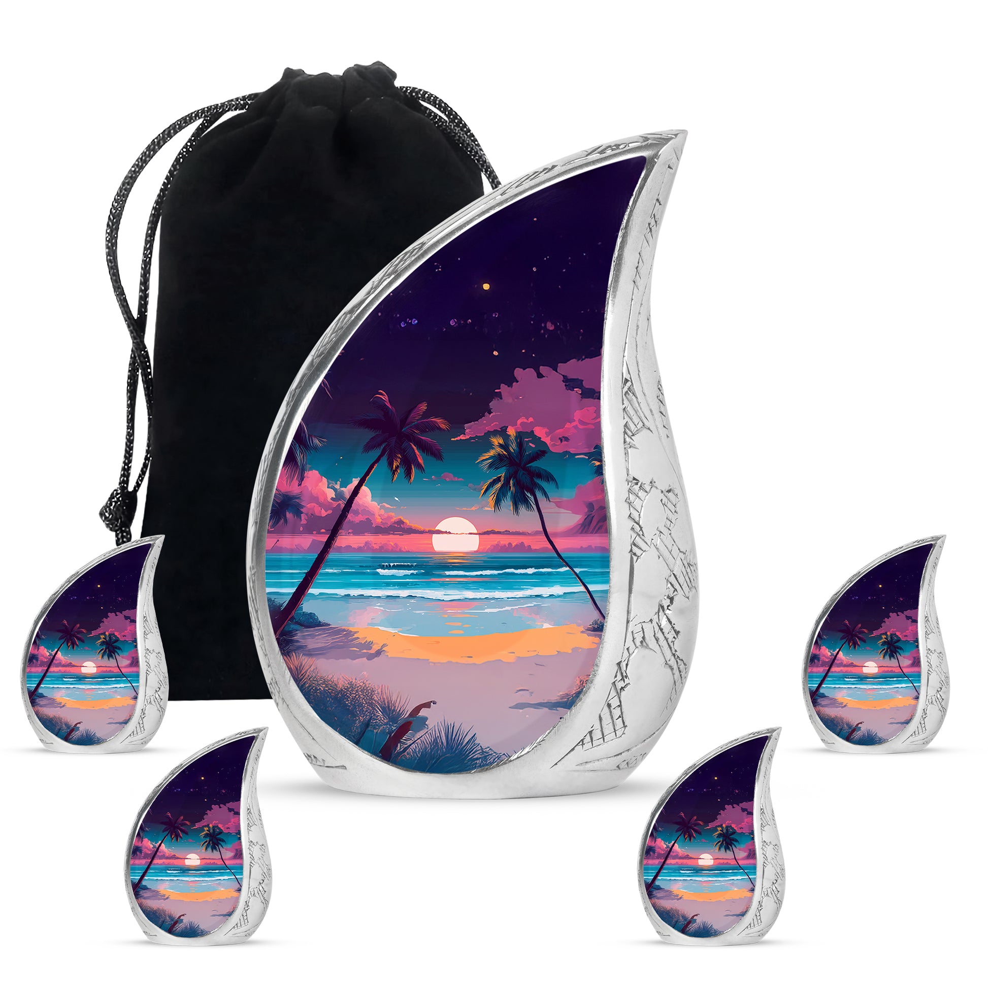Grape Purple Beach Cremation Urn side profile showing urn shape - graceful tear-shaped urn with beach motif - memorial set with one large and four small urns