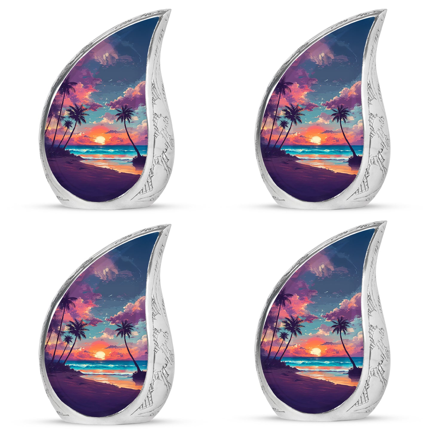 Steel Blue Beach Cremation Urn close-up of engraving and surface detail - smooth teardrop contour featuring beach art - 10 inch aluminum urn for cremated remains