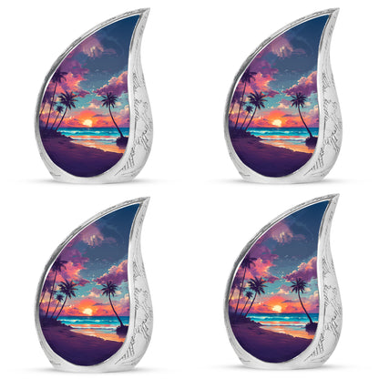 Steel Blue Beach Cremation Urn close-up of engraving and surface detail - smooth teardrop contour featuring beach art - 10 inch aluminum urn for cremated remains