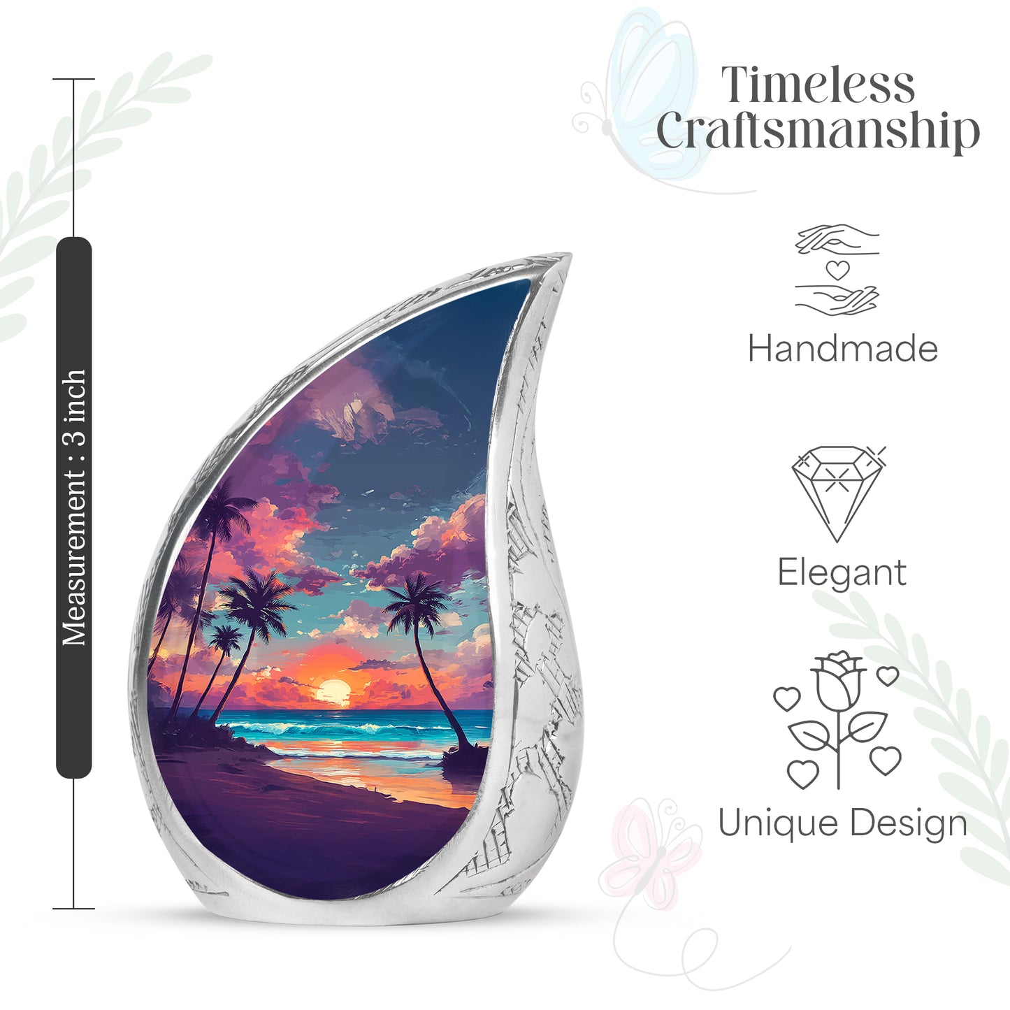 Celestial Blue Beach Cremation Urn angled view of lid and engraved motif - flowing teardrop beach silhouette on curved aluminum - mini keepsake memorial for portion of cremation ashes