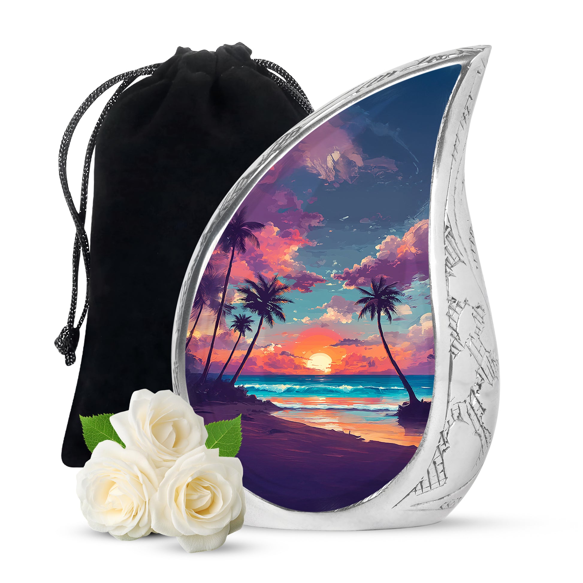 Navy Blue Beach Cremation Urn front view showing detailed design - rounded teardrop beach design with delicate detail - full-size 10 inch 200 cubic inch adult cremation urn