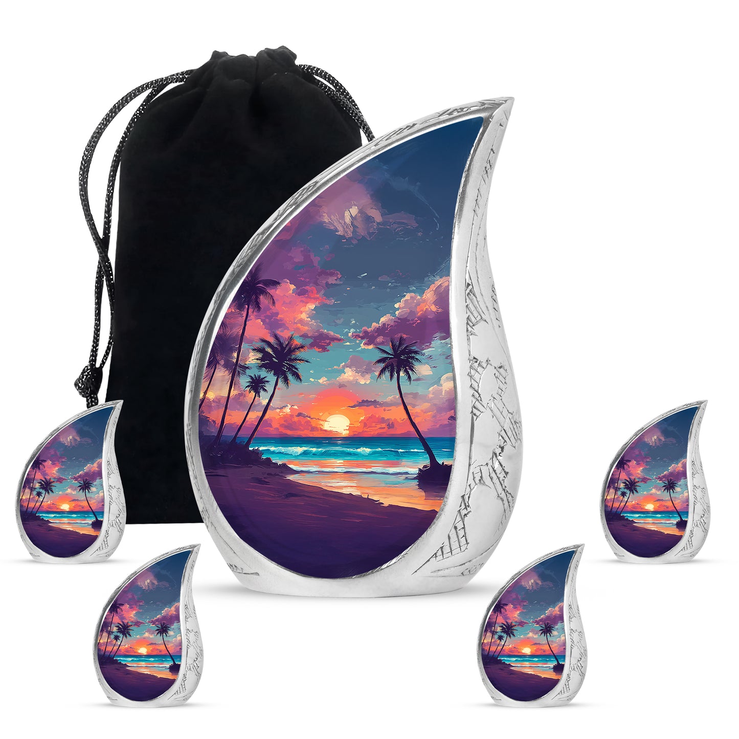 Cornflower Blue Beach Cremation Urn side profile showing urn shape - graceful tear-shaped urn with beach motif - memorial set with one large and four small urns