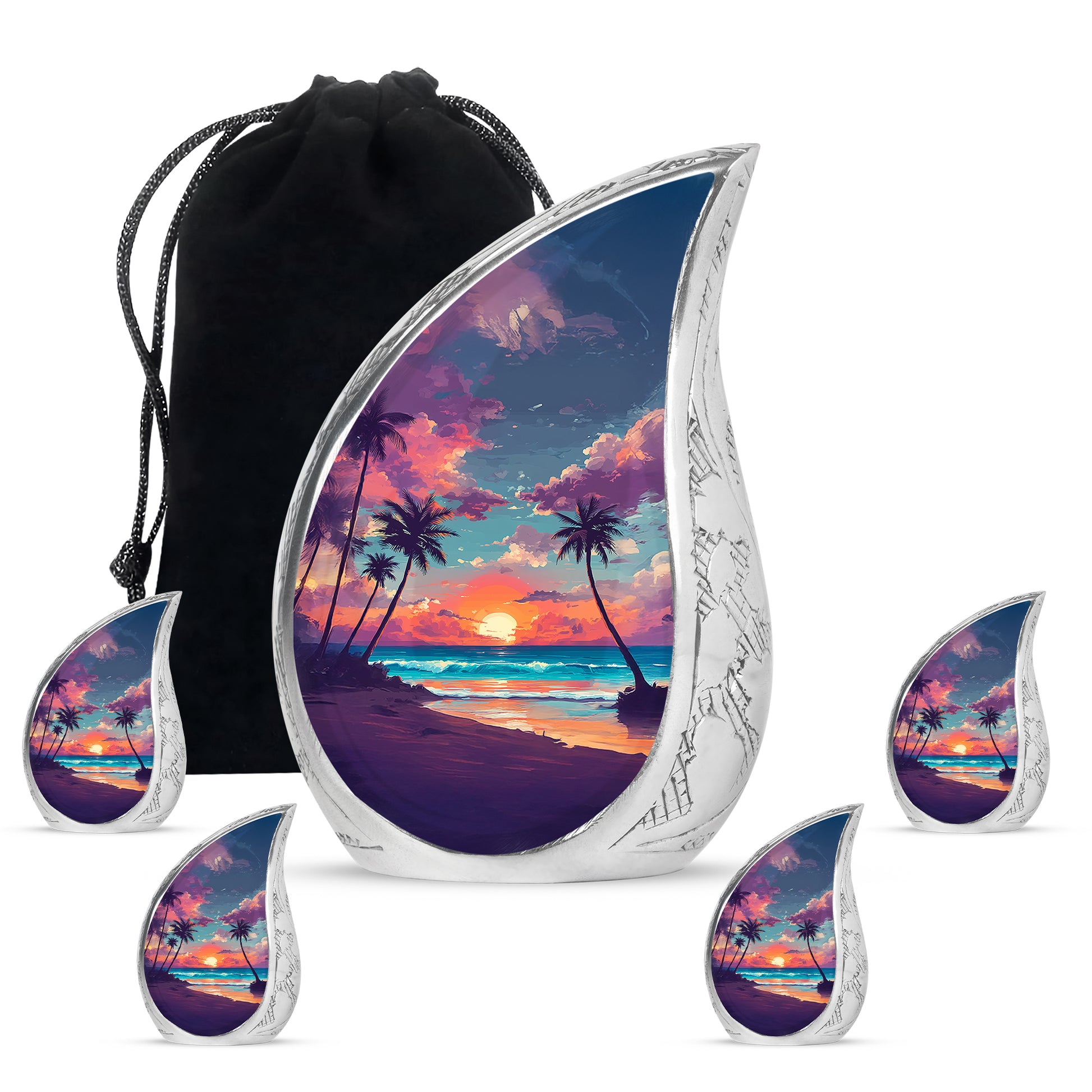 Cornflower Blue Beach Cremation Urn side profile showing urn shape - graceful tear-shaped urn with beach motif - memorial set with one large and four small urns