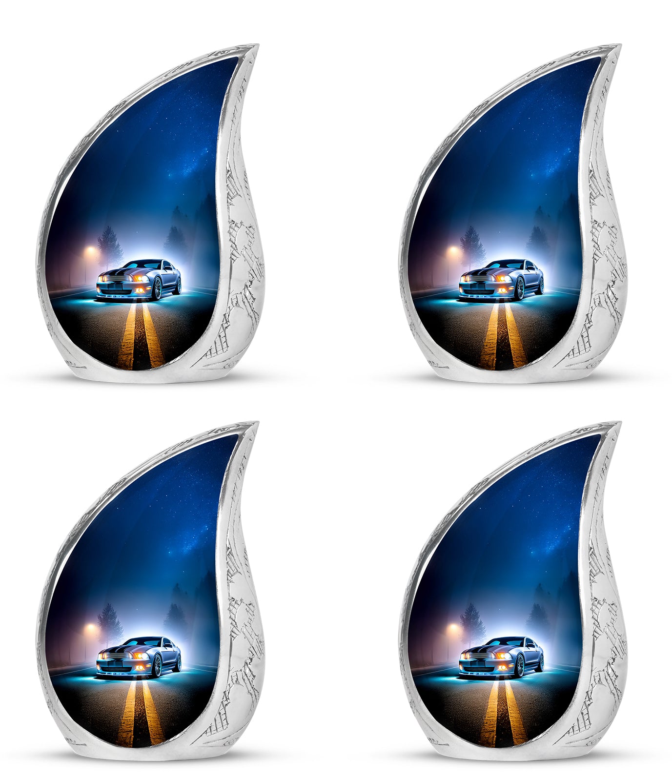 Misty Blue Car Cremation Urn close-up of engraving and surface detail - flowing teardrop car silhouette on curved aluminum - 10 inch aluminum urn for cremated remains