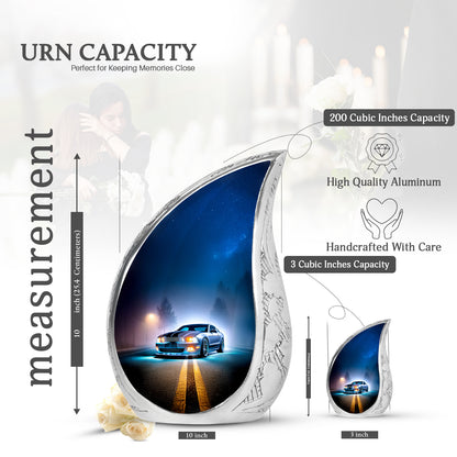 Azure Car Cremation Urn angled view of lid and engraved motif - flowing teardrop car silhouette on curved aluminum - mini keepsake memorial for portion of cremation ashes
