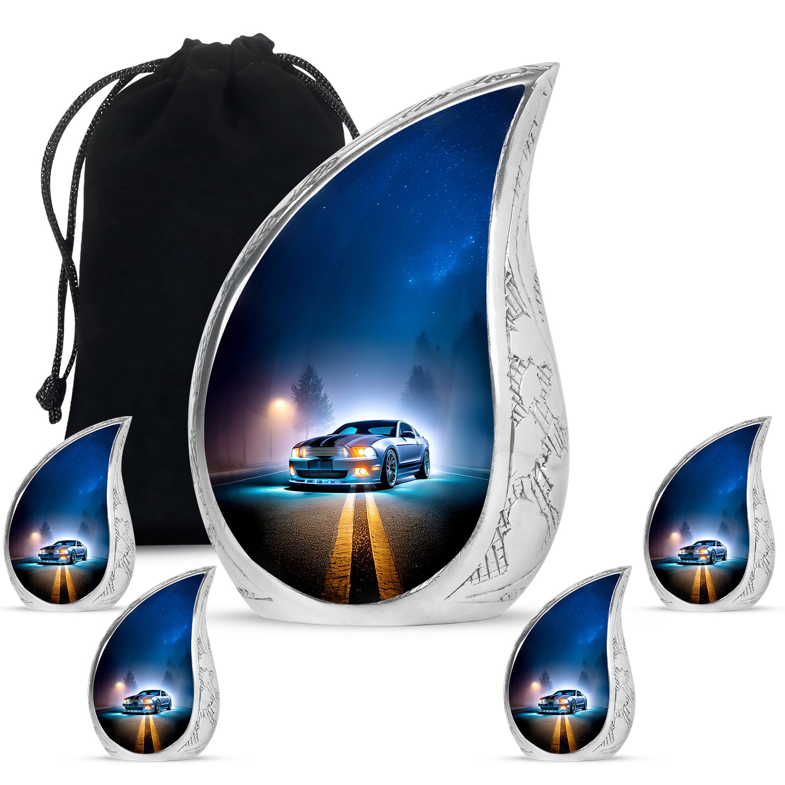 Misty Blue Car Cremation Urn side profile showing urn shape - flowing teardrop car silhouette on curved aluminum - memorial set with one large and four small urns