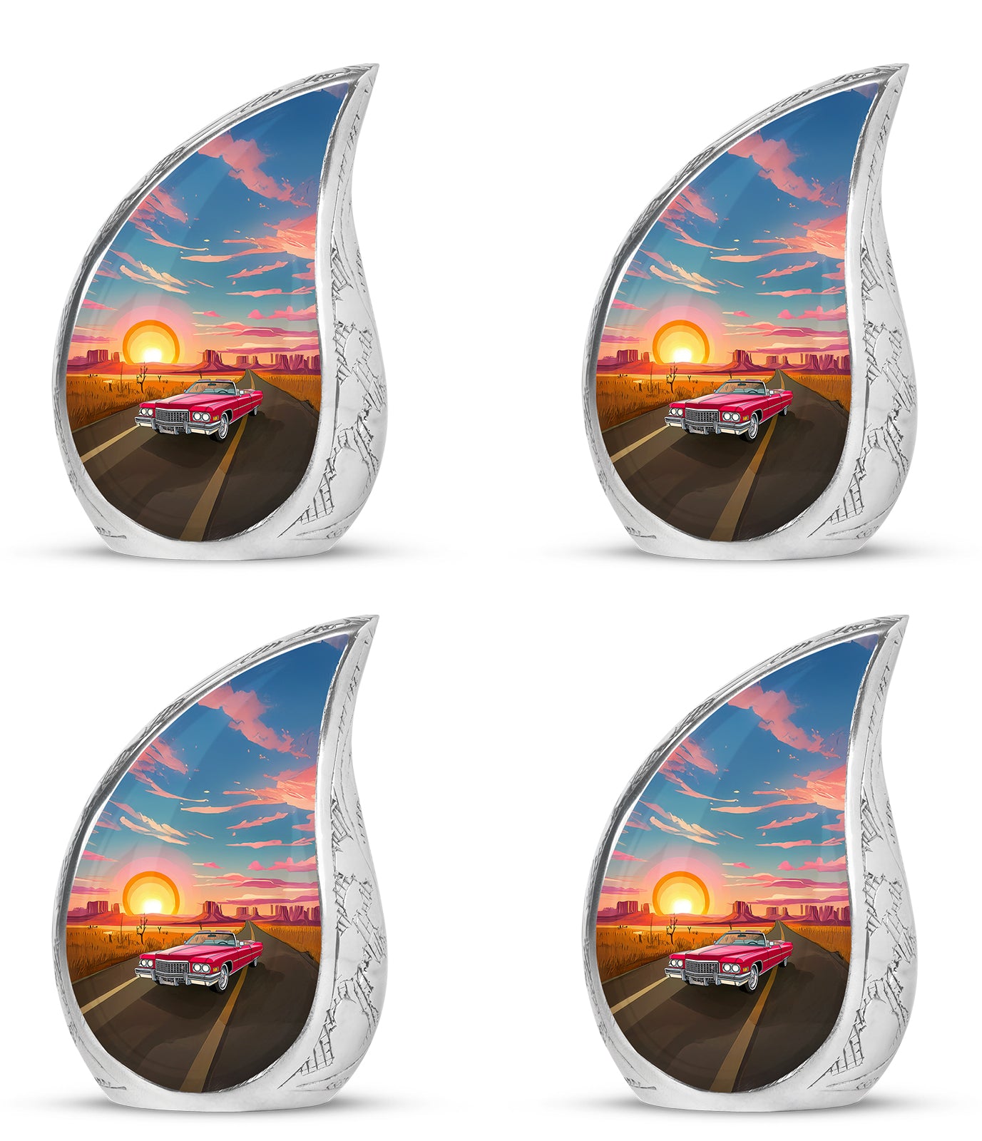 Cornflower Blue Car Cremation Urn close-up of engraving and surface detail - graceful tear-shaped urn with car motif - 10 inch aluminum urn for cremated remains