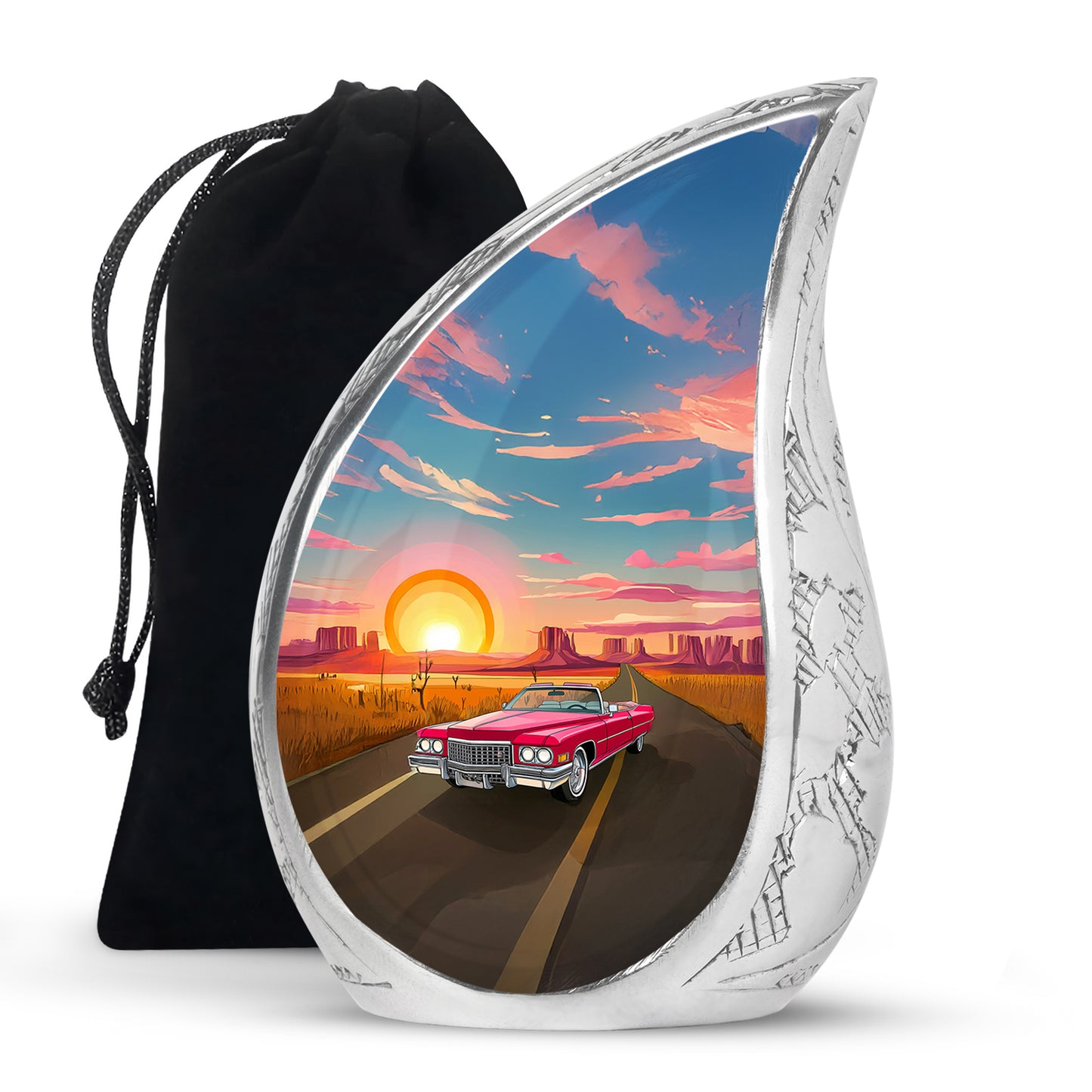 Dusty Blue Car Cremation Urn front view showing detailed design - rounded teardrop car design with delicate detail - full-size 10 inch 200 cubic inch adult cremation urn