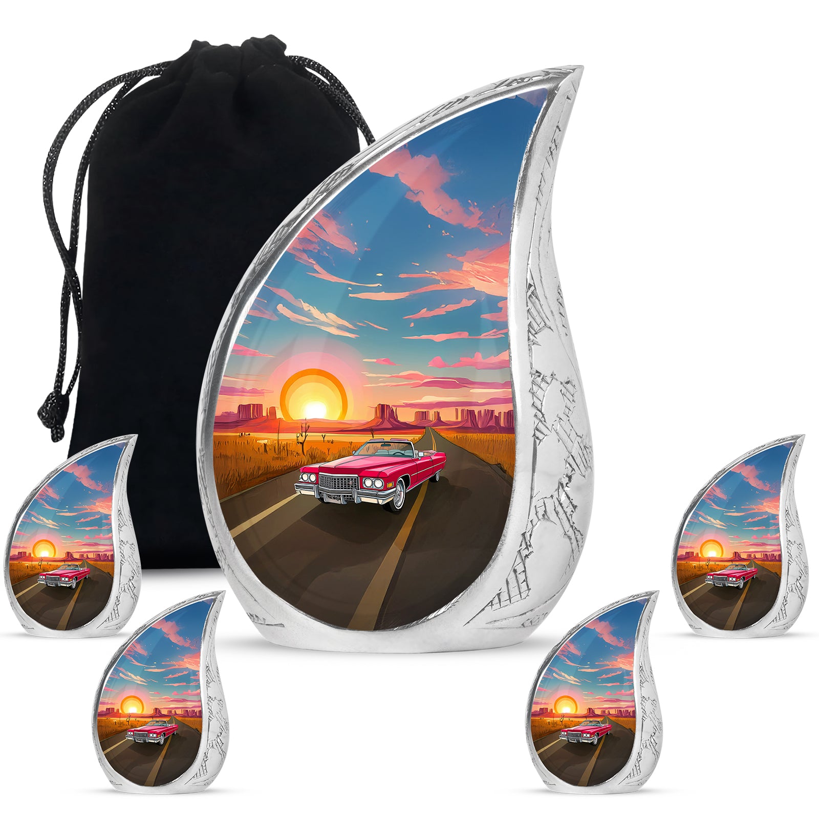 Powder Blue Car Cremation Urn side profile showing urn shape - flowing teardrop car silhouette on curved aluminum - memorial set with one large and four small urns