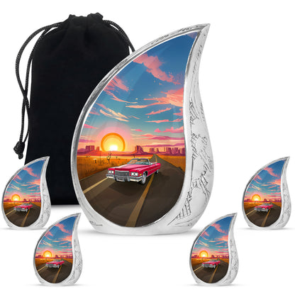 Powder Blue Car Cremation Urn side profile showing urn shape - flowing teardrop car silhouette on curved aluminum - memorial set with one large and four small urns
