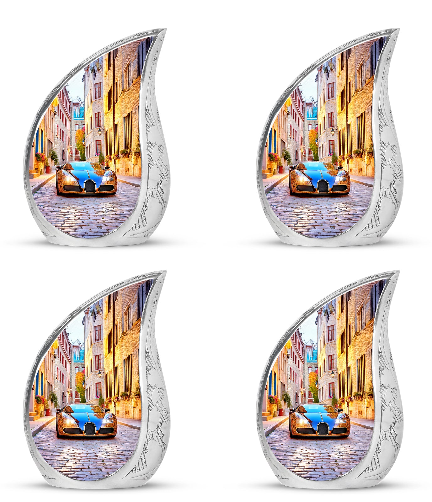 Navy Blue Car Cremation Urn close-up of engraving and surface detail - flowing teardrop car silhouette on curved aluminum - 10 inch aluminum urn for cremated remains
