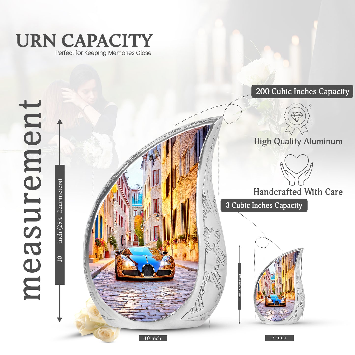 Celestial Blue Car Cremation Urn angled view of lid and engraved motif - rounded teardrop car design with delicate detail - mini keepsake memorial for portion of cremation ashes