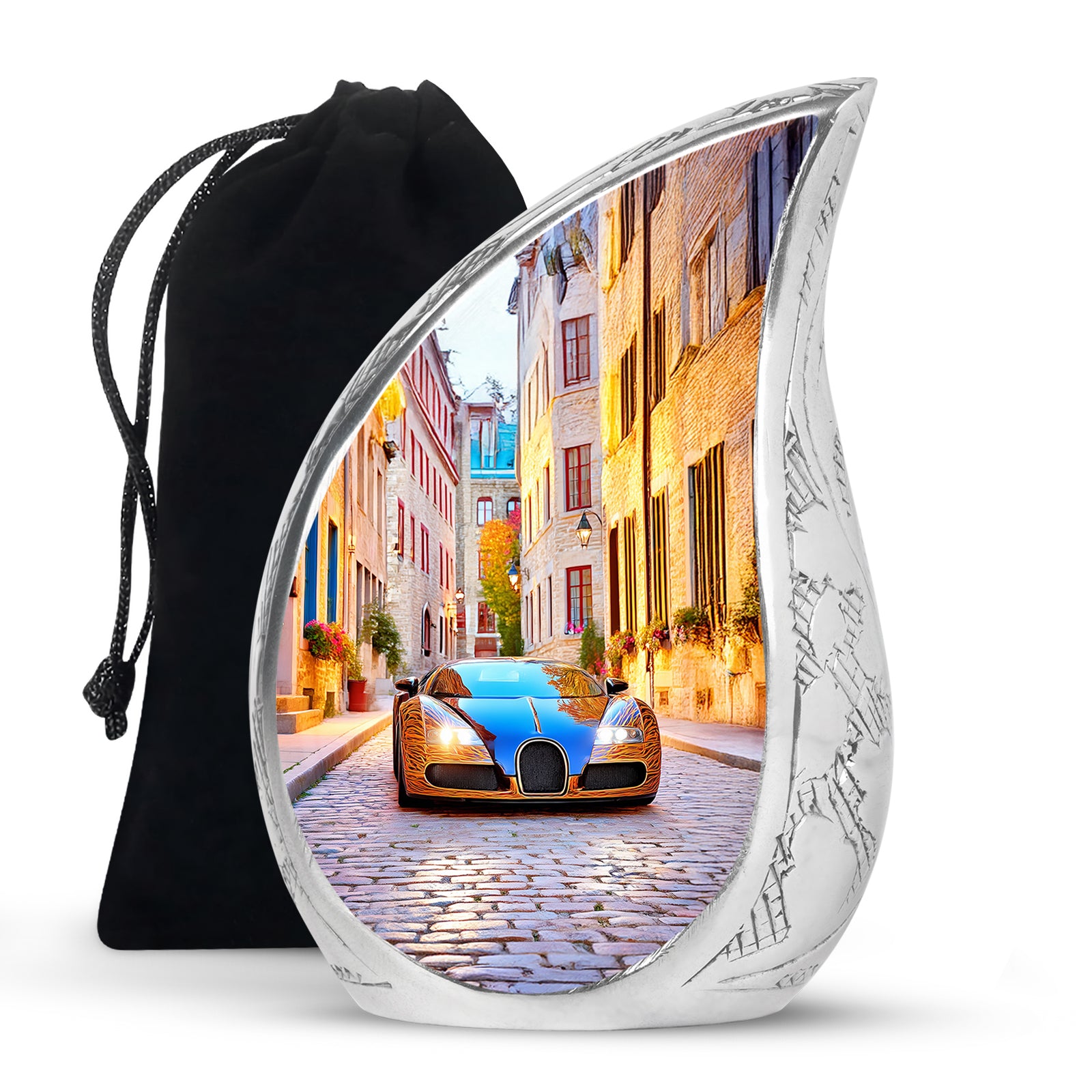 Sapphire Blue Car Cremation Urn front view showing detailed design - smooth teardrop contour featuring car art - full-size 10 inch 200 cubic inch adult cremation urn